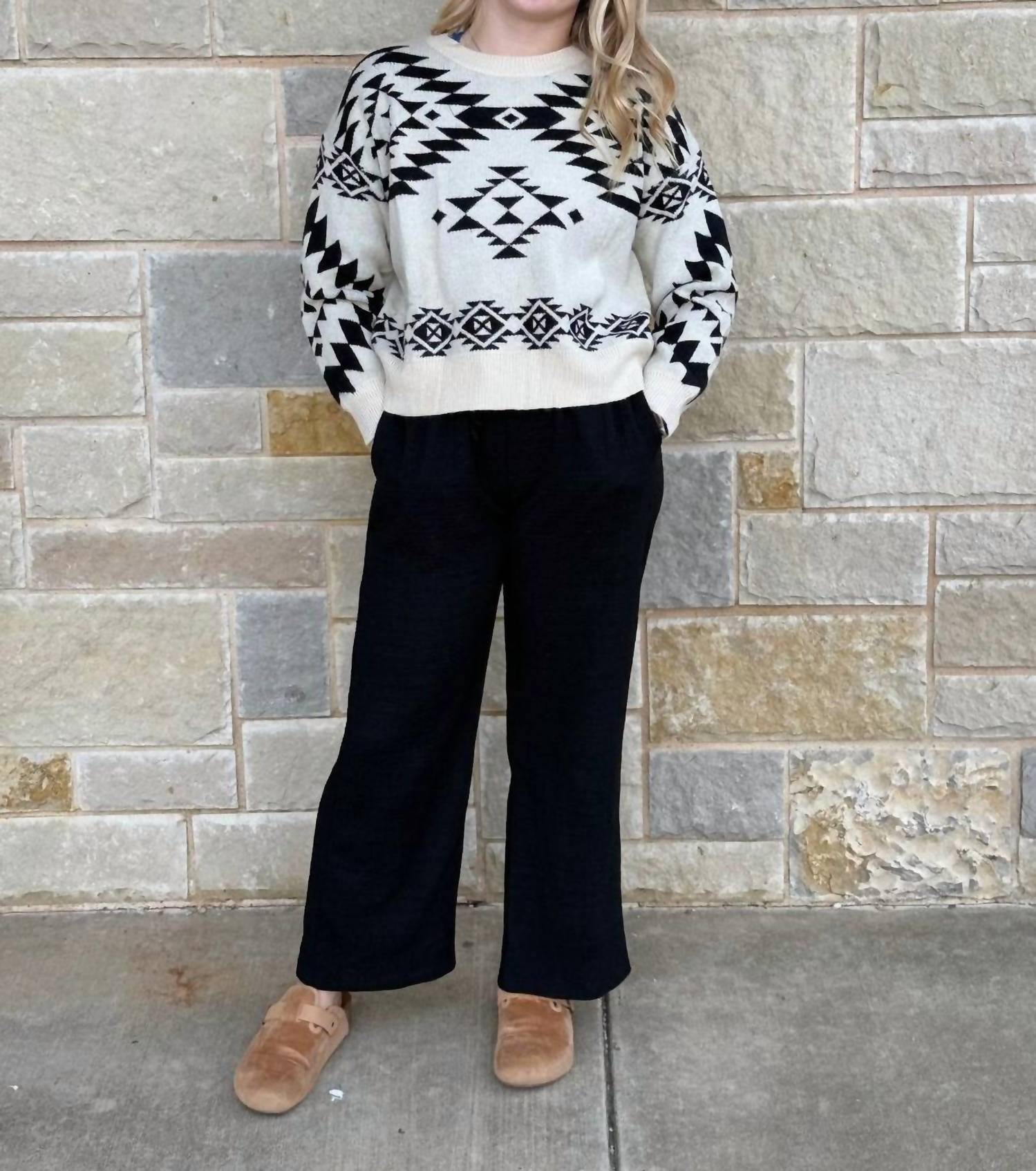 Lucky & Blessed Aztec Knitted Long Sleeve Sweater in black ivory - women's sweater