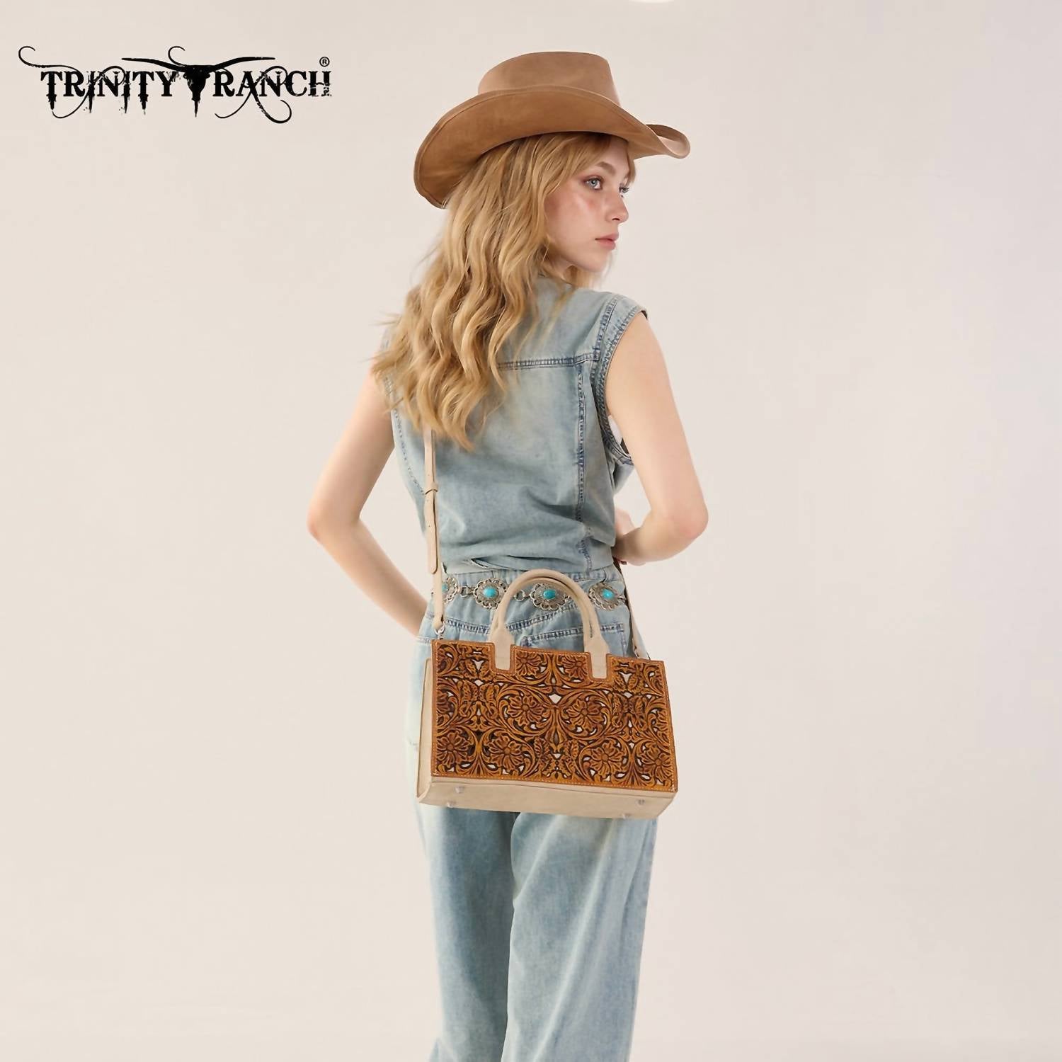 Trinity Ranch - Floral Tooled Leather Western Satchel Tote Bag