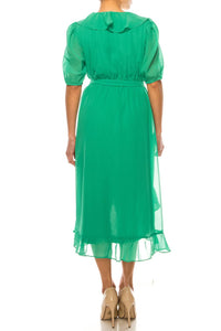 Maison Tara - Ruffle Sleeve Hi-lo Faux Wrap Midi Dress