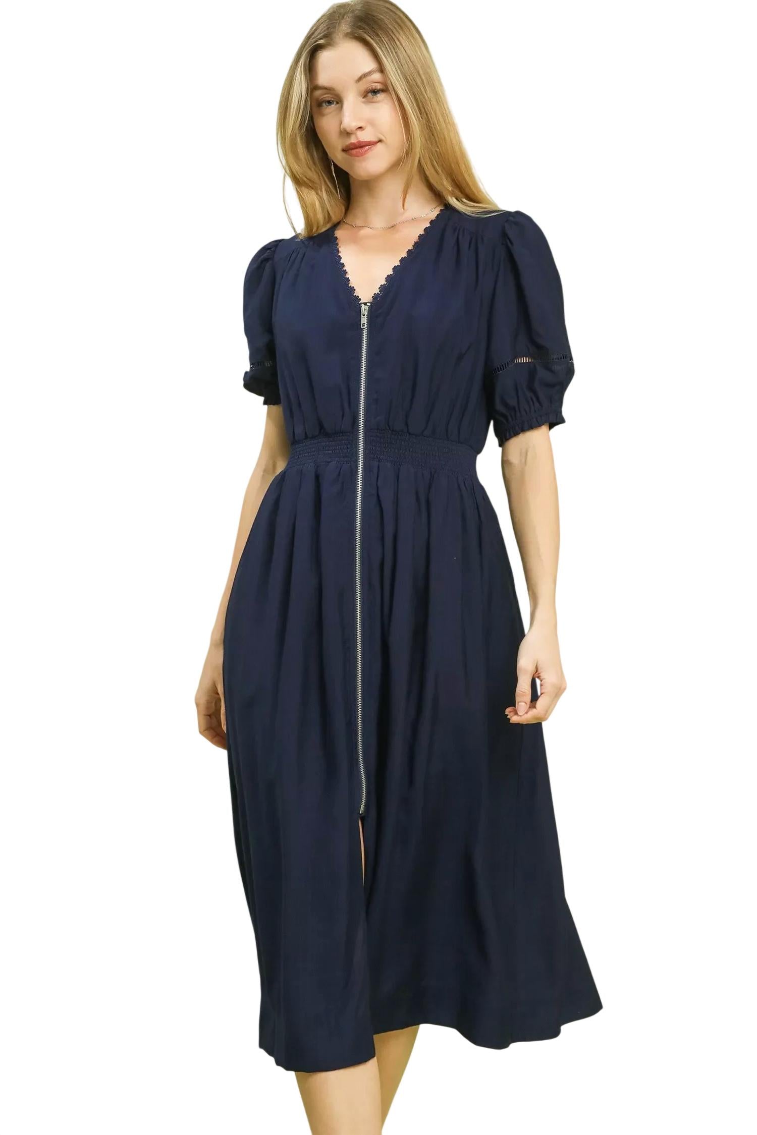 Umgee - Zip Front Smocked Waist Midi Dress