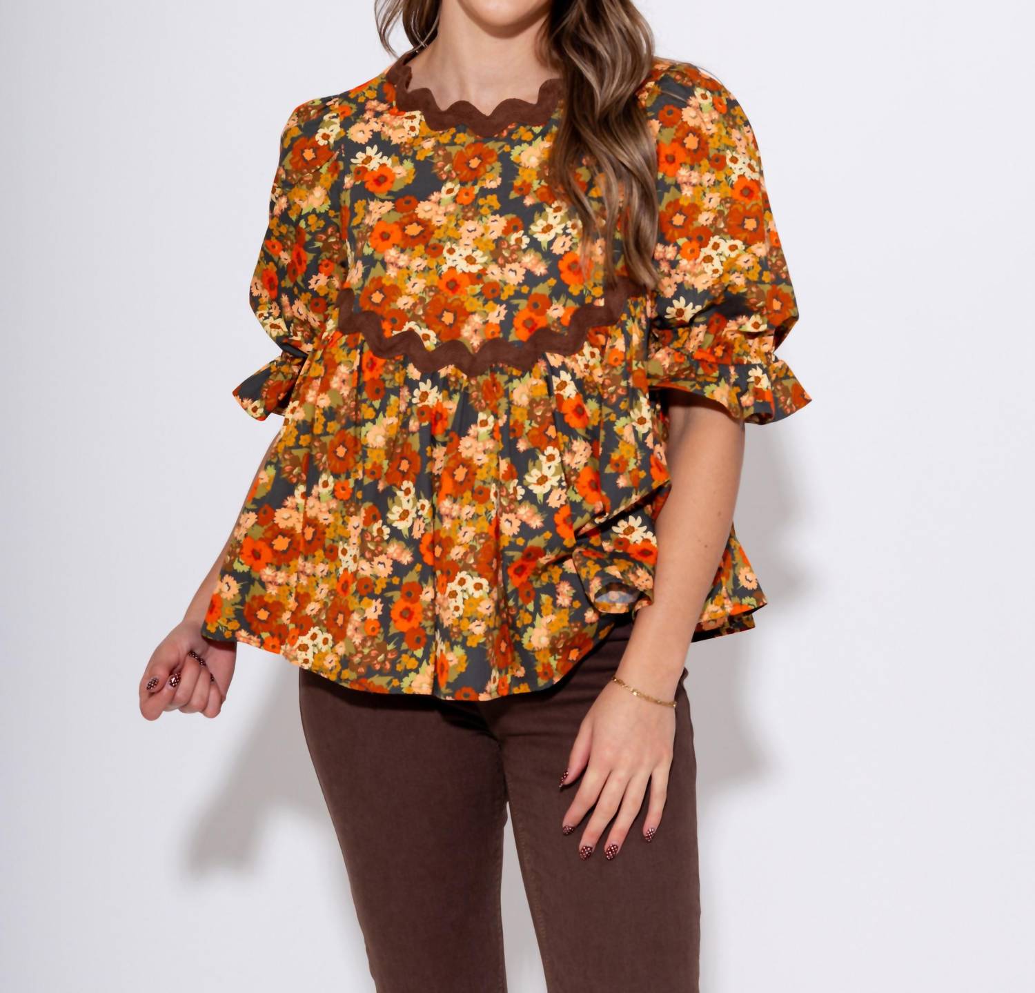 Ivy Jane Autumn Bloom Peplum Top in orange - women's blouse - view 6