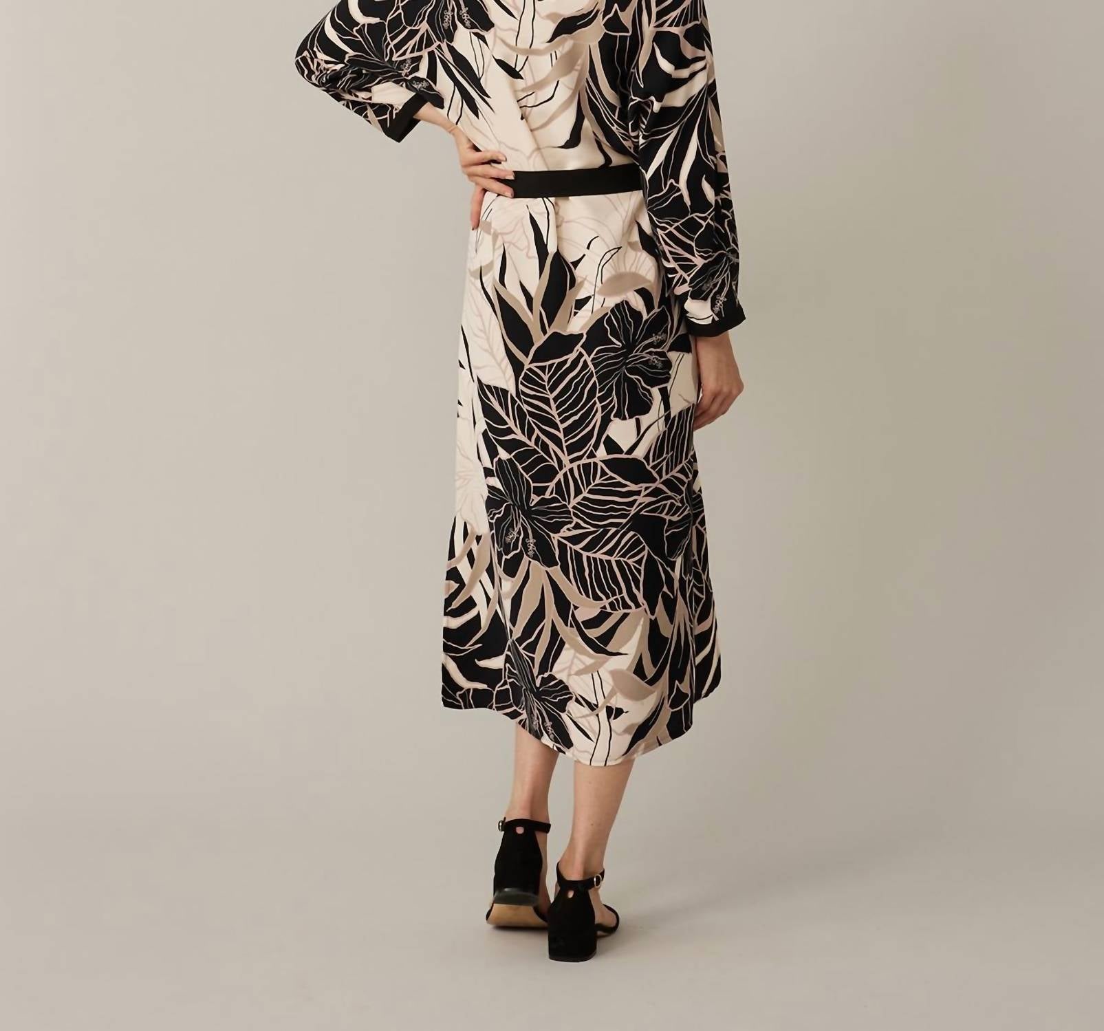 Joseph Ribkoff Floral Belted Shirt Dress in beige black - women's dress - detail view