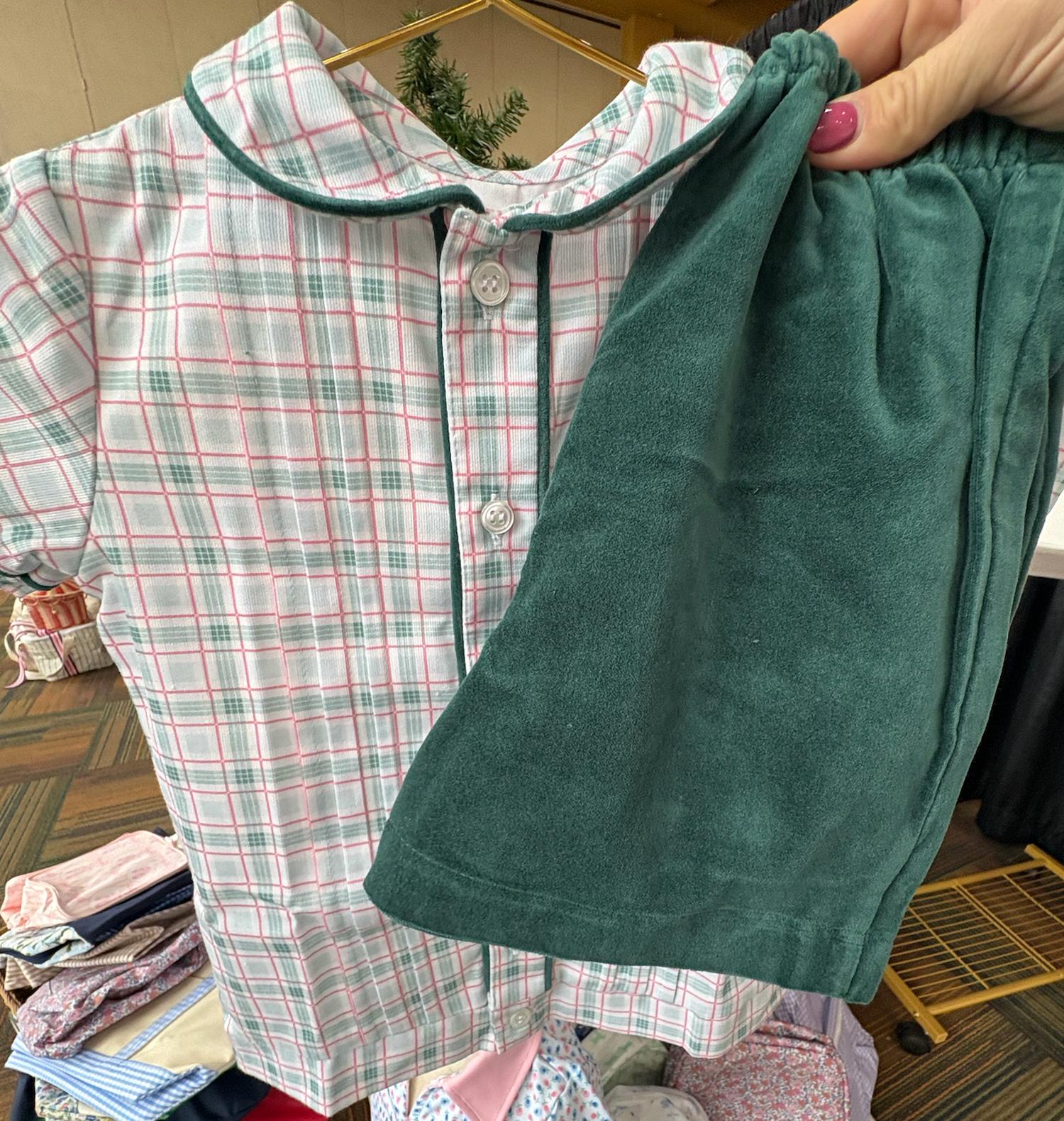 Percy & Tyne Boy's Velvet Plaid Short Set in green - item - detail view