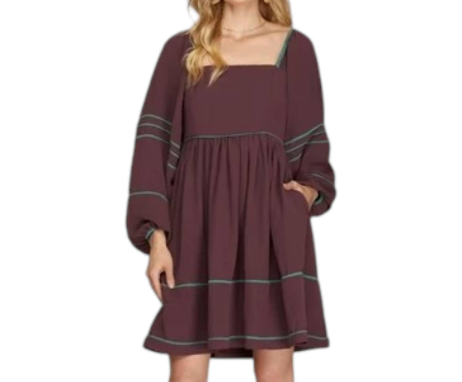 SHE + SKY Long Sleeve Dress With Contrast Binding Detail Smocked Back in cocoa - women's dress