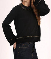 Minnie Rose Cotton Cashmere Frayed Crew Sweater in black - women's sweater - detail view