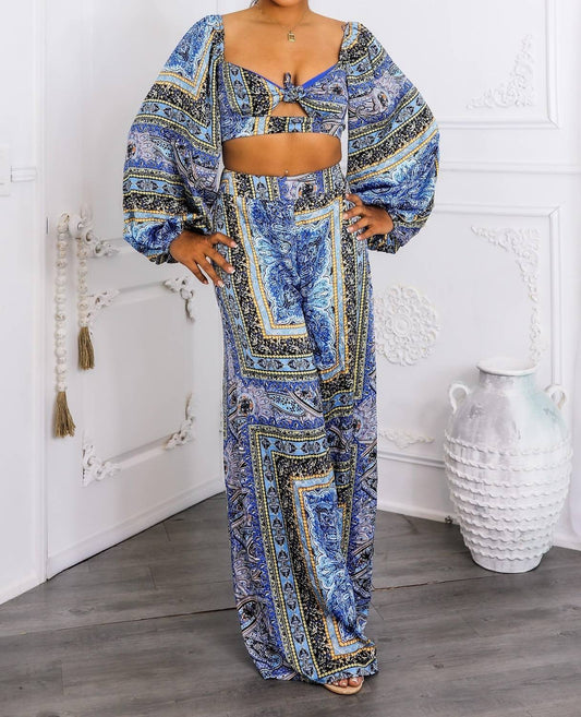 Surelymine - Bold Baroque Print Two-piece Set Tie Front Crop & Wide Pants