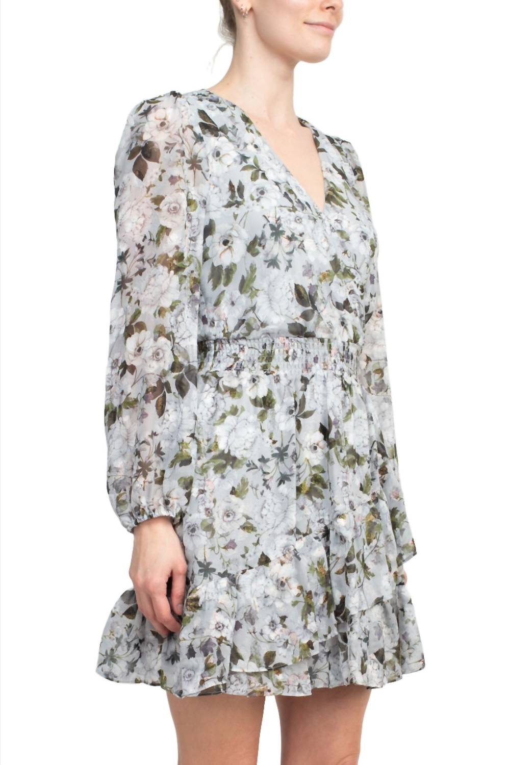 Laundry By Shelli Segal - V-neck Elastic Waist Tiered Hem Floral Chiffon Dress