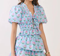 Tcec - Floral Print Ruffle Trim Puff Sleeve Tie Front Top