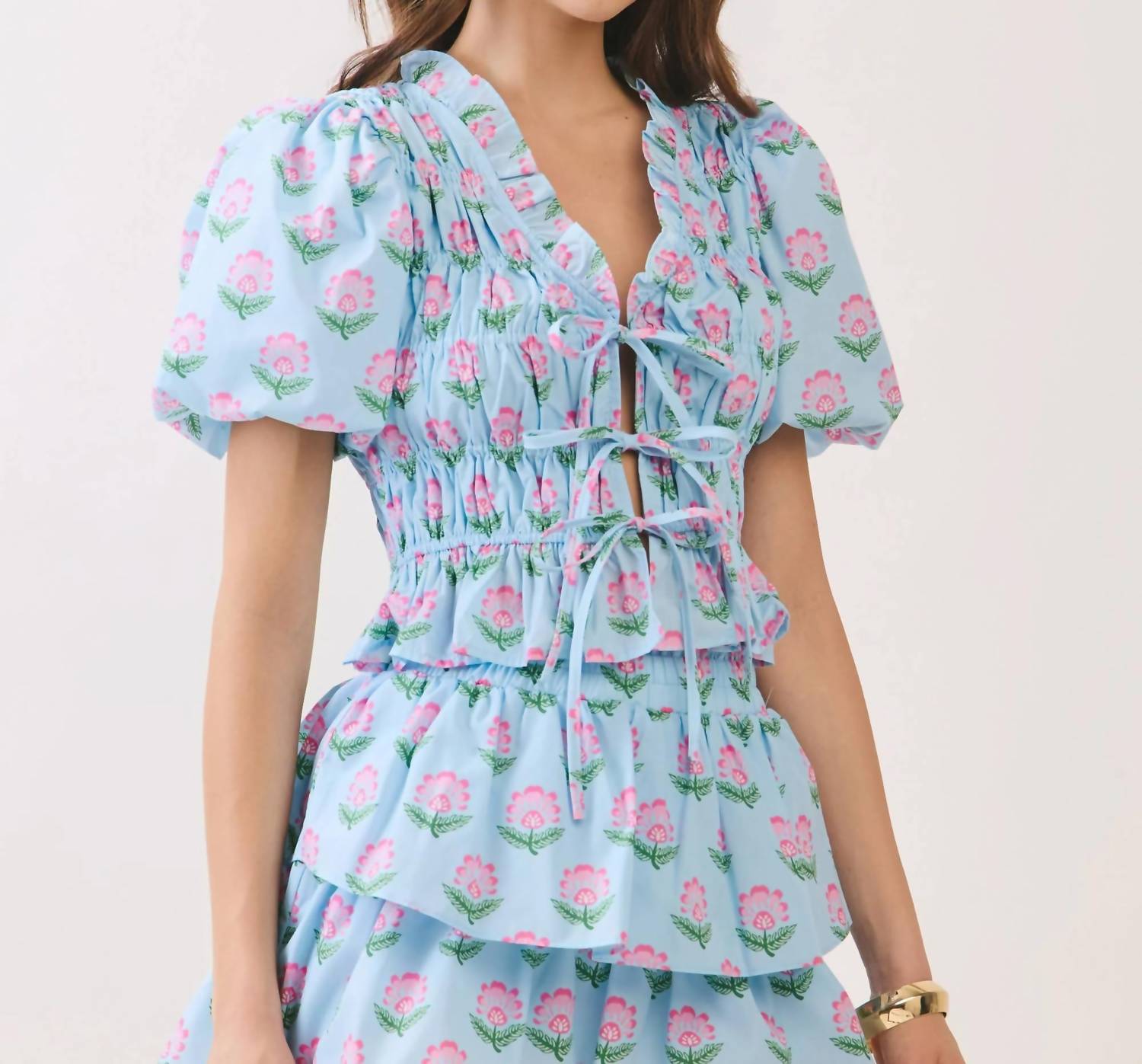 Tcec - Floral Print Ruffle Trim Puff Sleeve Tie Front Top