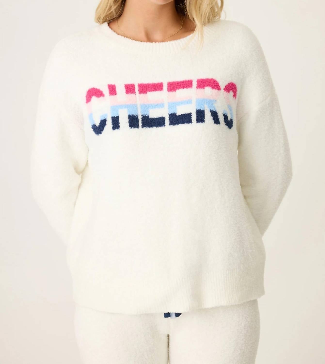 PJ Salvage Cheers Stripe Trim Long Sleeve Sweater in white - women's sweater