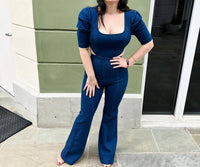 Flying Tomato - Square Neckline Denim Jumpsuit