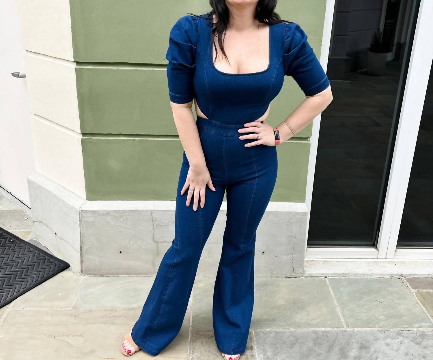 Flying Tomato - Square Neckline Denim Jumpsuit