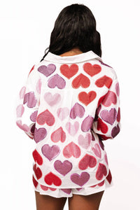 QUEEN OF SPARKLES Rhinestone Hearts Button Up Shirt in pink multi - women's shirt - detail view