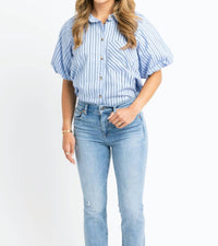 Karlie Striped Poplin Bubble Sleeve Top in blue - women's blouse