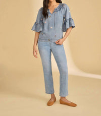 FDJ Ruffle Denim Blouse in blue - women's blouse - alternate view
