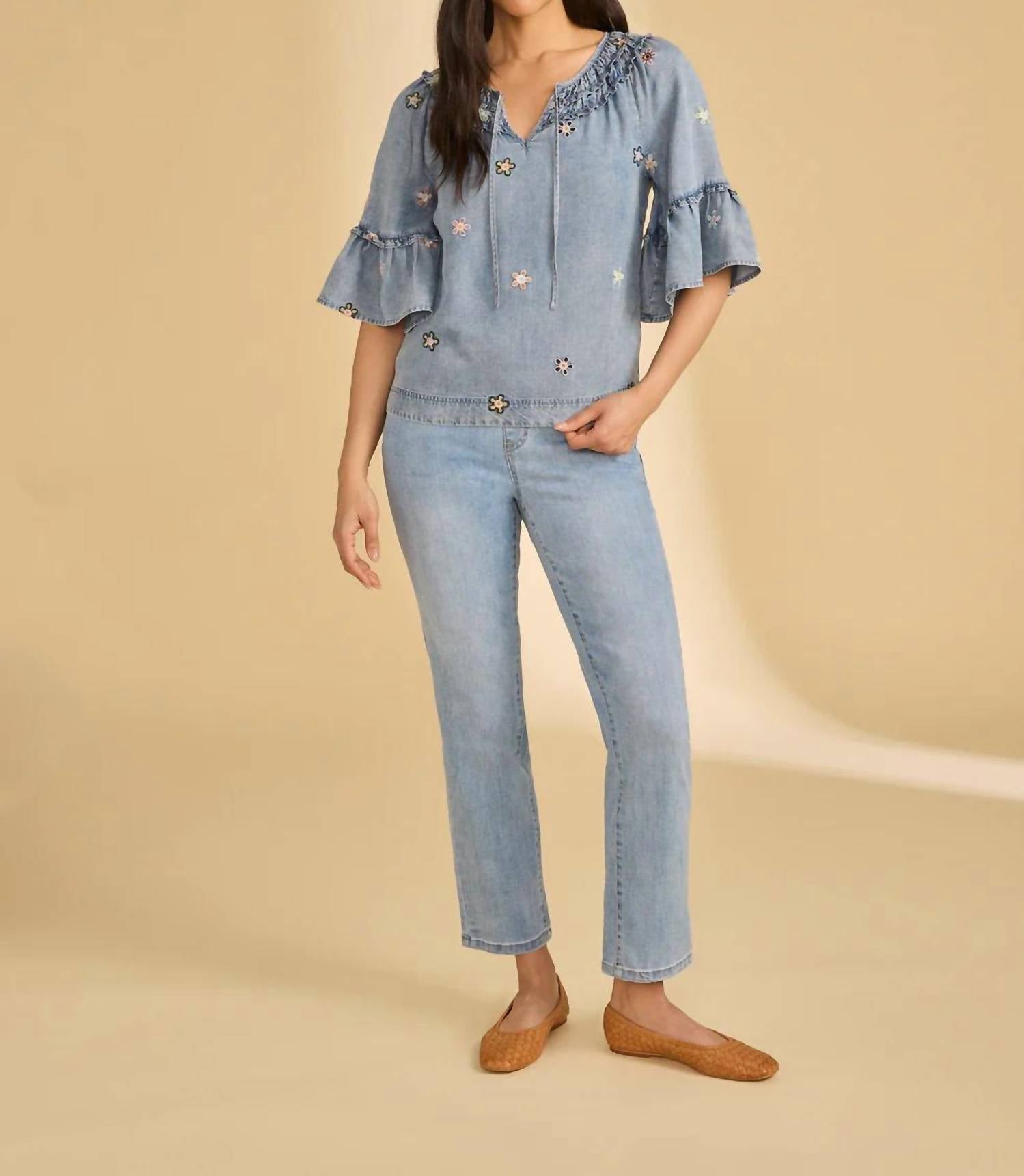 FDJ Ruffle Denim Blouse in blue - women's blouse - alternate view