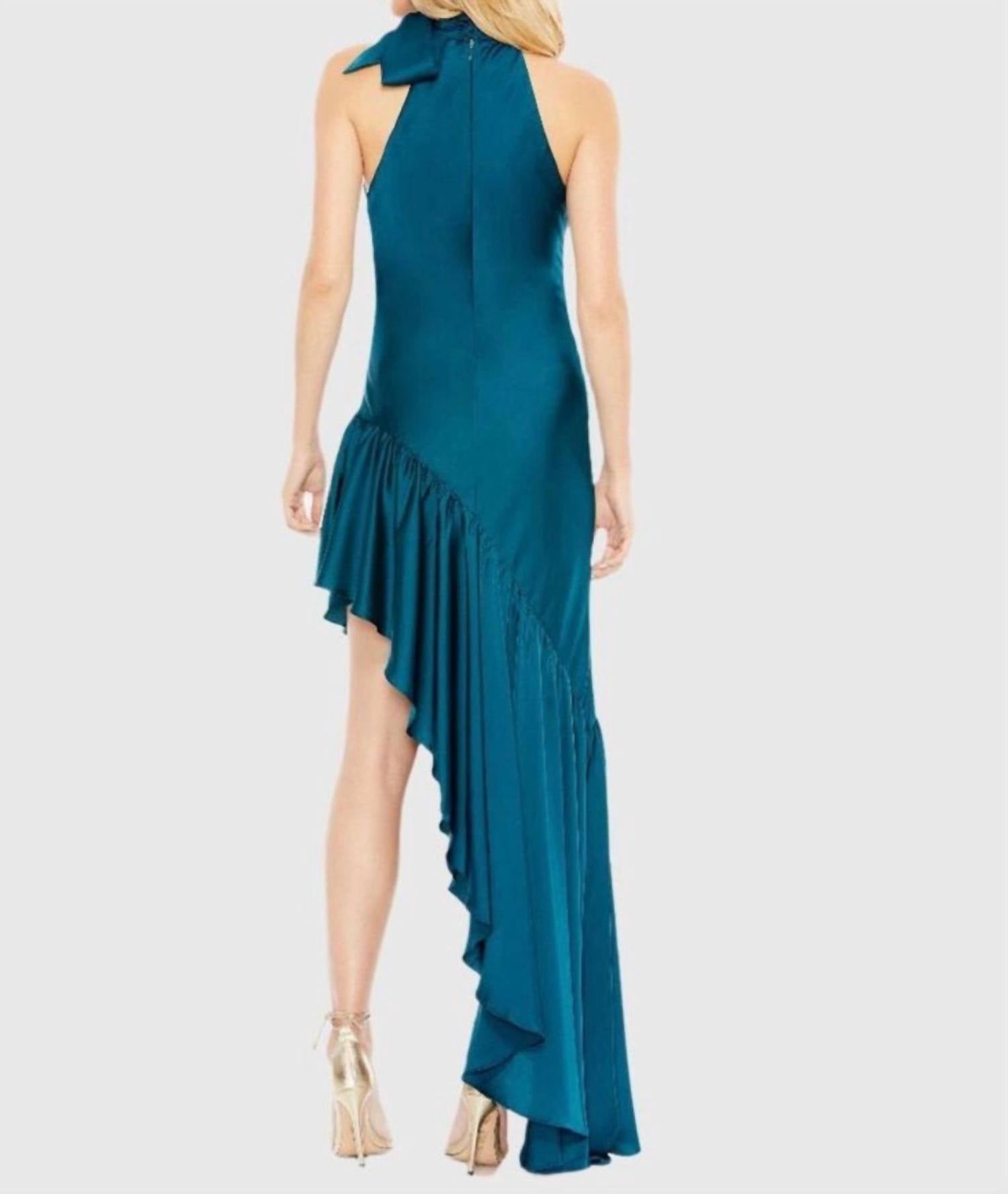 MAC DUGGAL Halter Neck Asymmetric Ruffle Dress in teal - women's dress - detail view