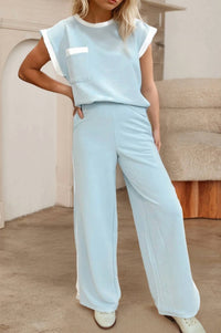 Shewin - Contrast Trim Pocketed Boxy Tank Wide Leg Pant Set