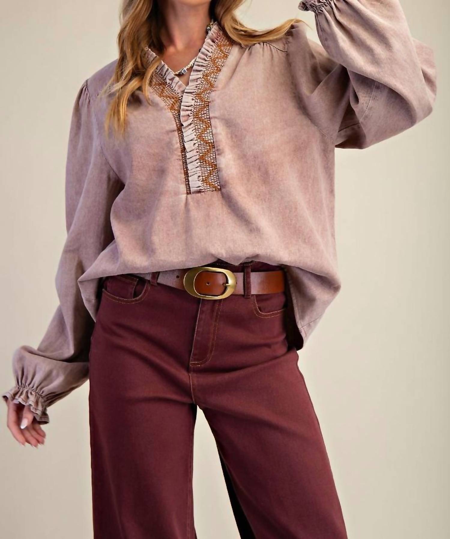 Easel - Dusty Long Puff Sleeves Top