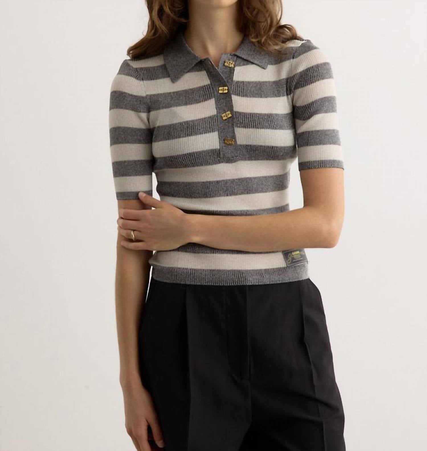 GANNI Sparkle Rib Polo Shirt in egret - women's t-shirt