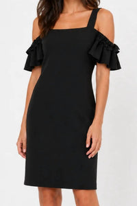DREW Cold Shoulder Ruffle Sleeve Dress in black - women's dress - detail view