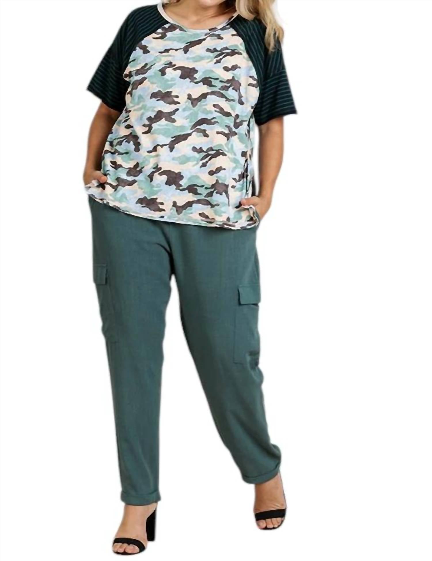 umgee Camo And Striped Top in peach green - women's t-shirt