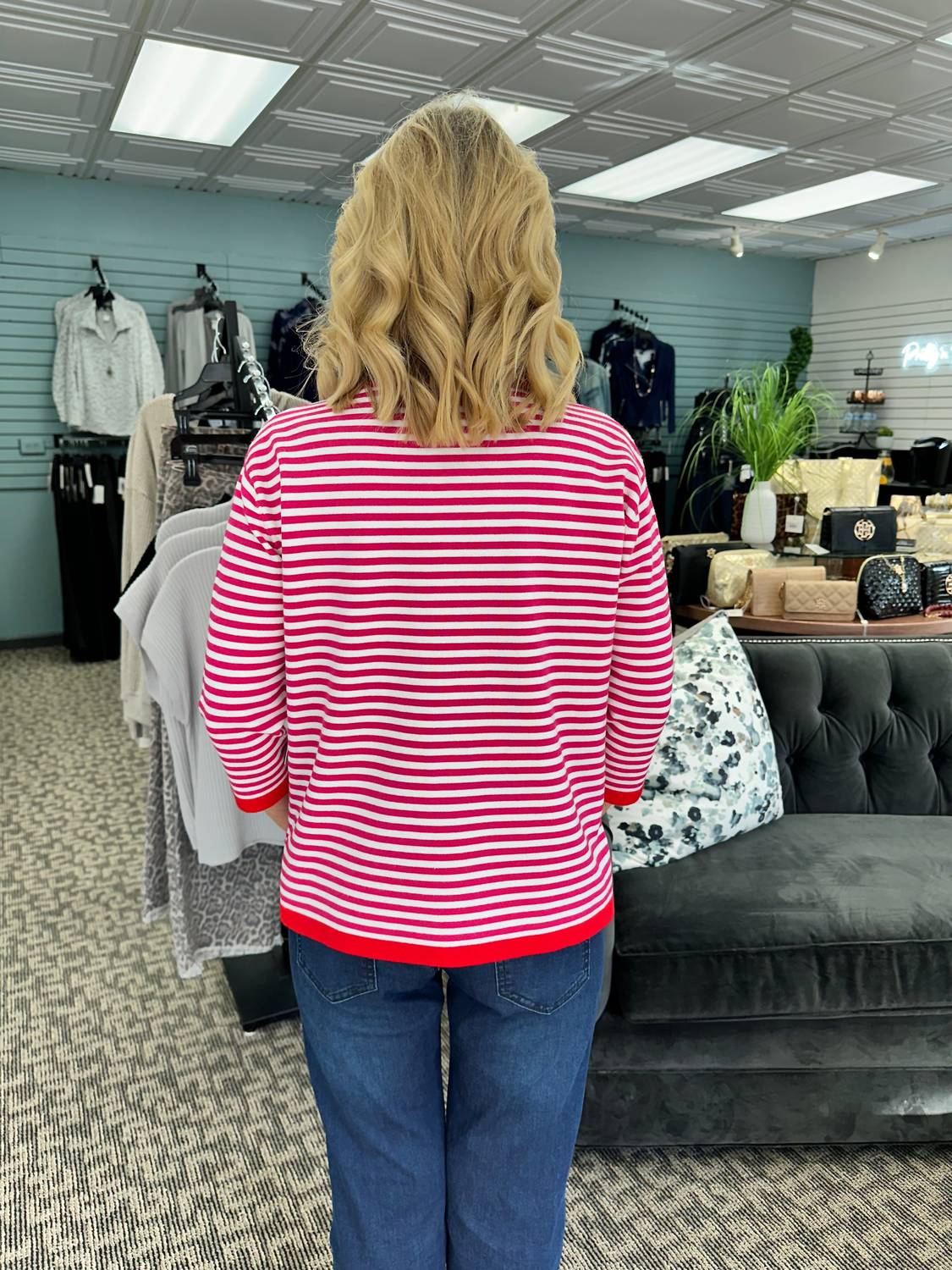 Multiples 3/4 Sleeve Drop Shoulder Wide Neck Sweater in candy pink - women's sweater - detail view