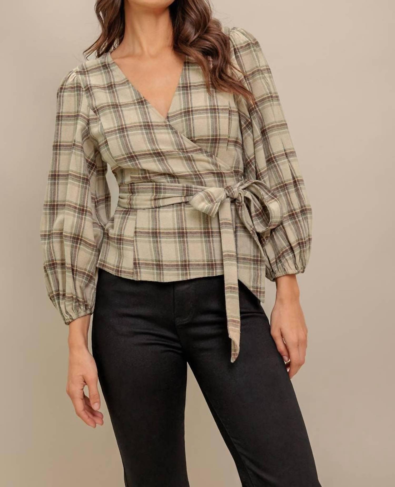 Flying Tomato - Plaid Flannel Wrap Blouse