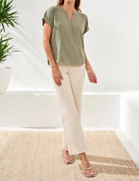 TRIBAL Button-front Extended Cap Sleeve Blouse in cactus clay - women's blouse - view 4