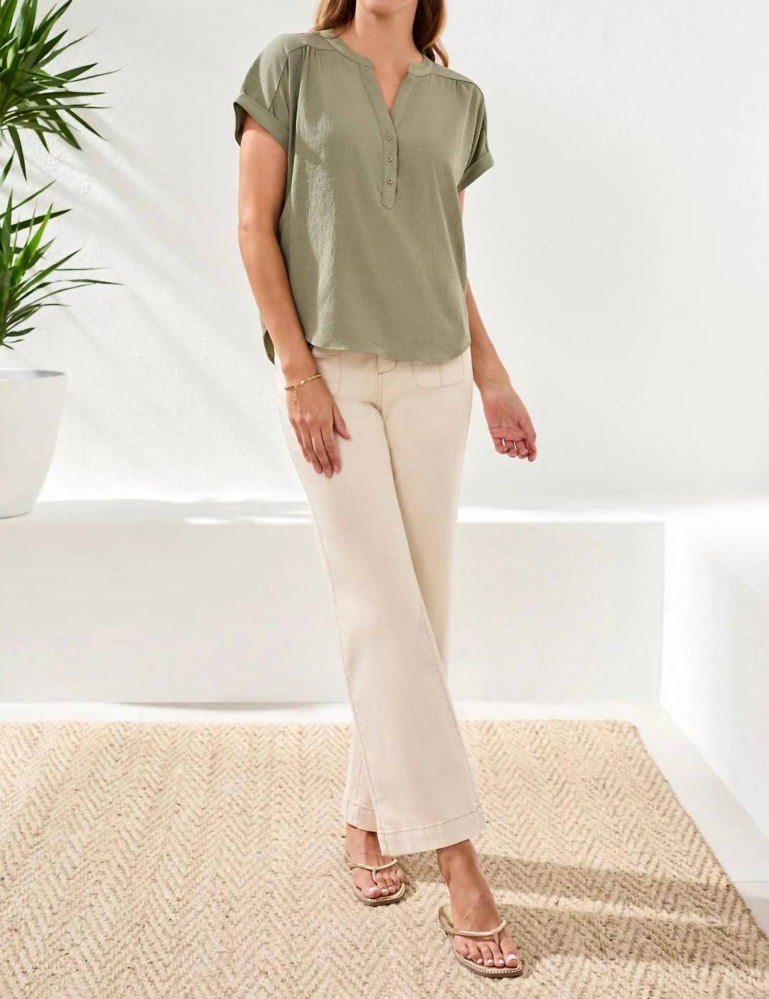 TRIBAL Button-front Extended Cap Sleeve Blouse in cactus clay - women's blouse - view 4