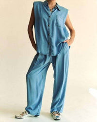Davi & Dani - Stripe Short Sleeve Button Down Shirt And Pants - Plus