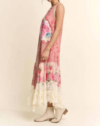 Davi & Dani - Women's Print Flower Patchwork Lace Tiered Dress