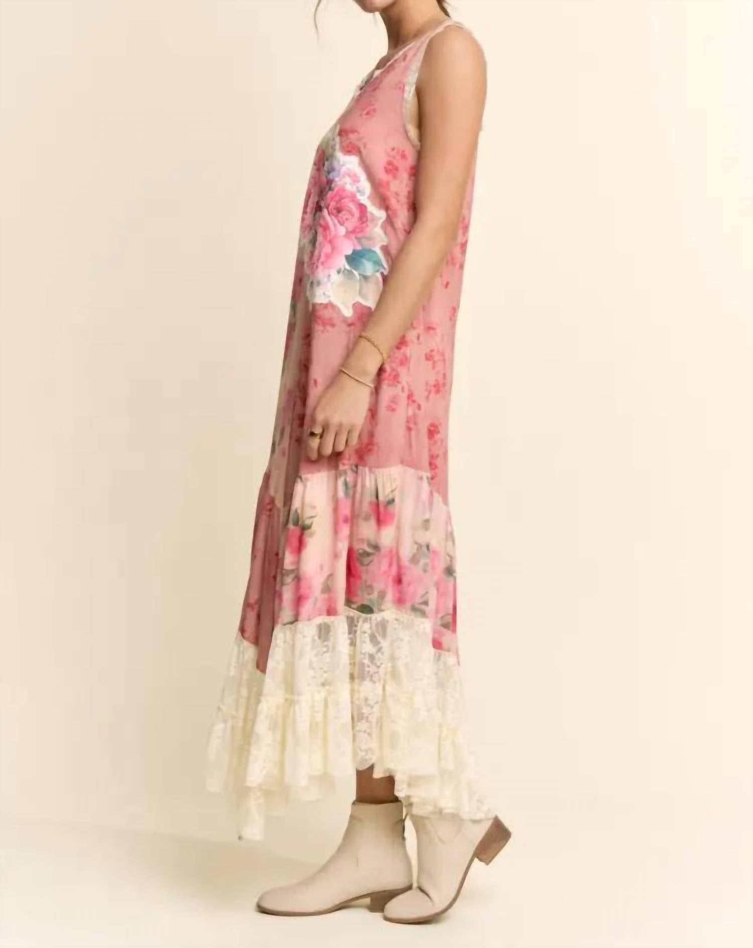 Davi & Dani - Women's Print Flower Patchwork Lace Tiered Dress