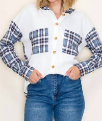 Staccato - Waffle Knit Plaid Contrasted Button Up Hooded Top