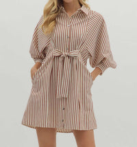 entro Striped Bow Tie Mini Shirt Dress in brick - women's dress