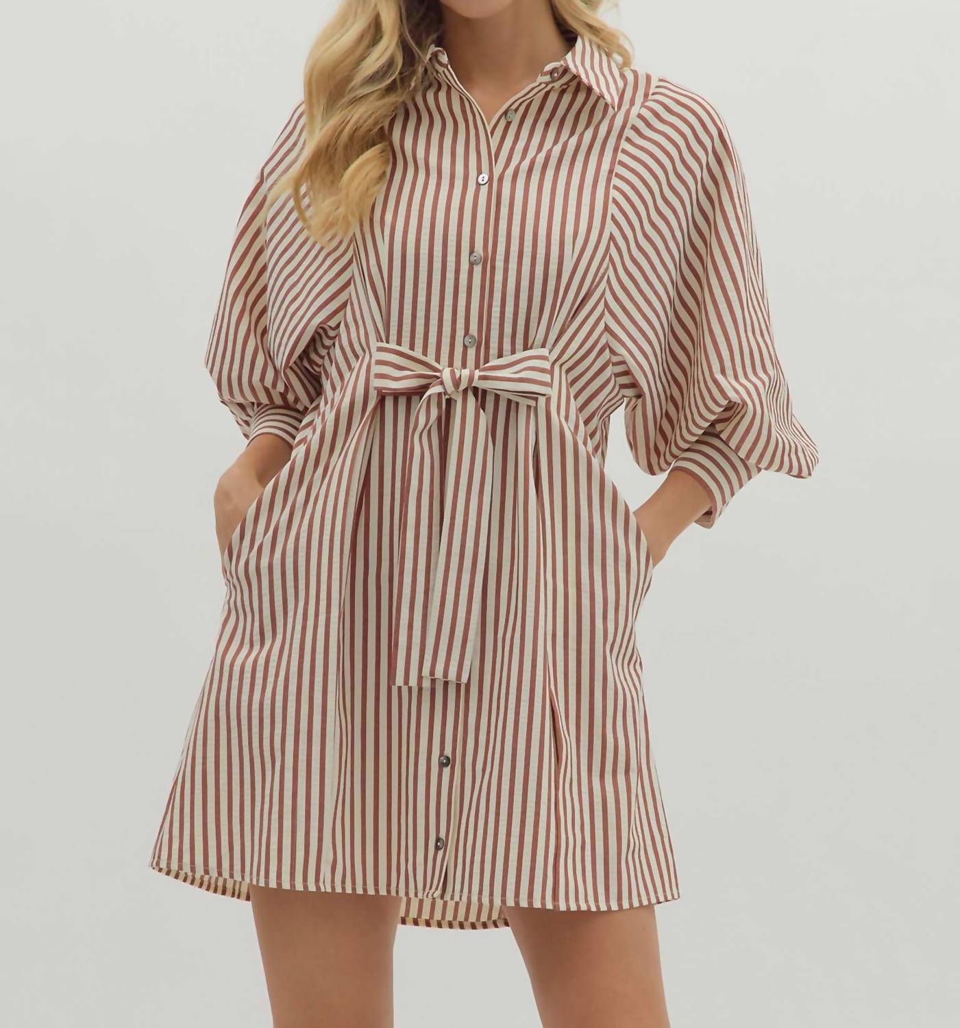 entro Striped Bow Tie Mini Shirt Dress in brick - women's dress