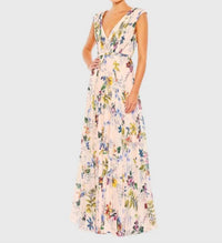 Mac Duggal - Pleated Floral Cap Sleeve A Line Gown