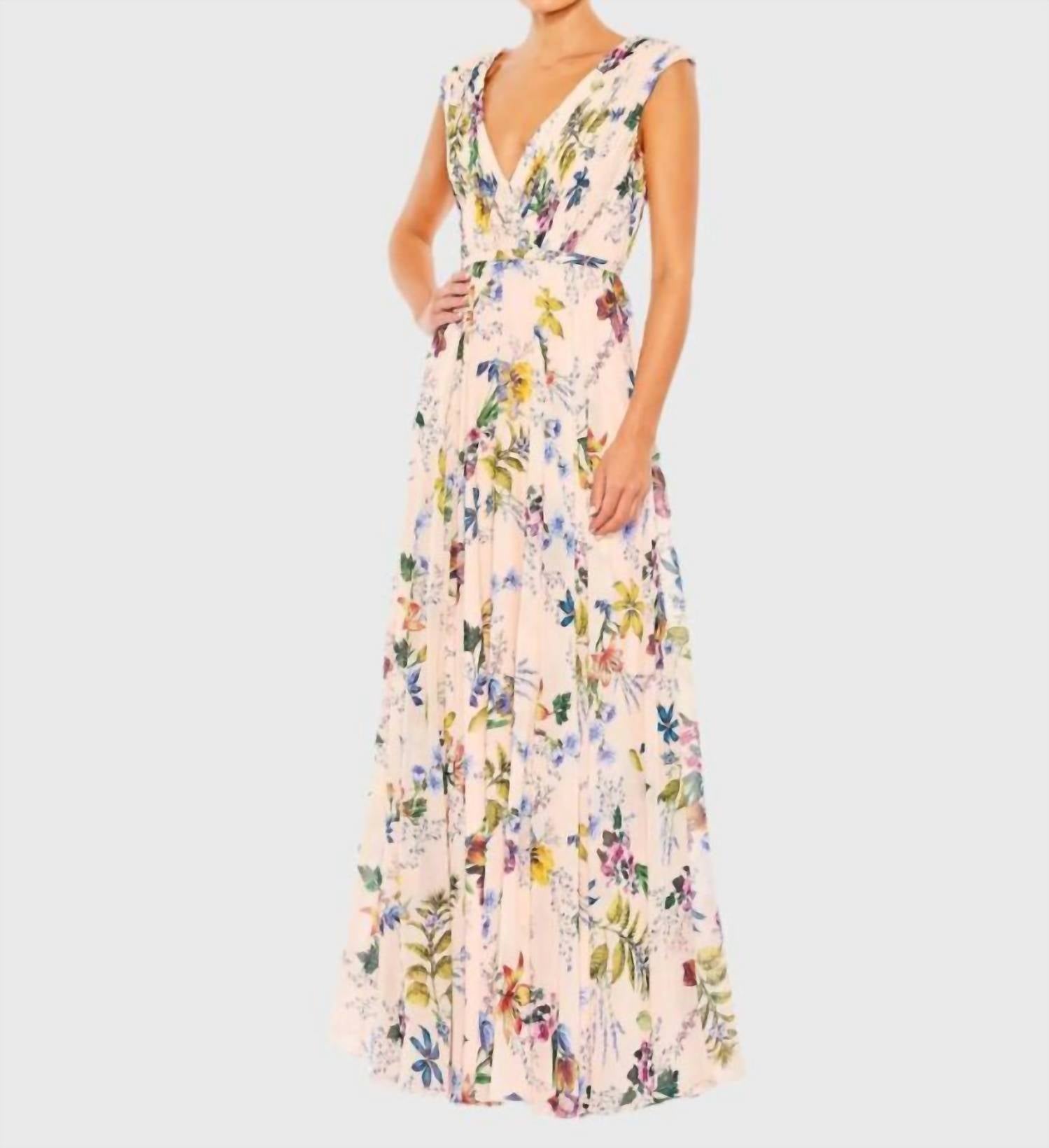 Mac Duggal - Pleated Floral Cap Sleeve A Line Gown