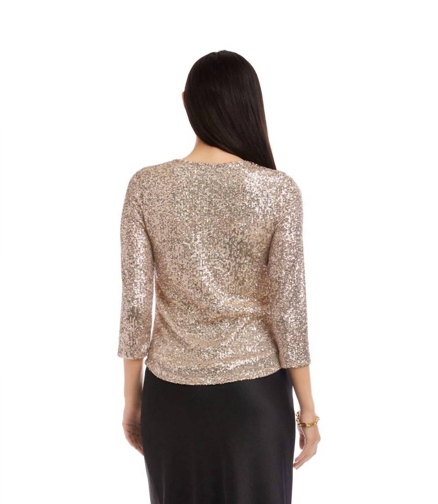 Karen Kane 3/4 Sleeve Drape Front Sequin Top - Plus in champagne - women's blouse - view 4