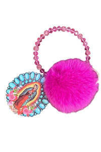 SW TRADING Women's Beaded Pom Pom And Our Lady Of Guadalupe Keychain in hot pink - women's accessory