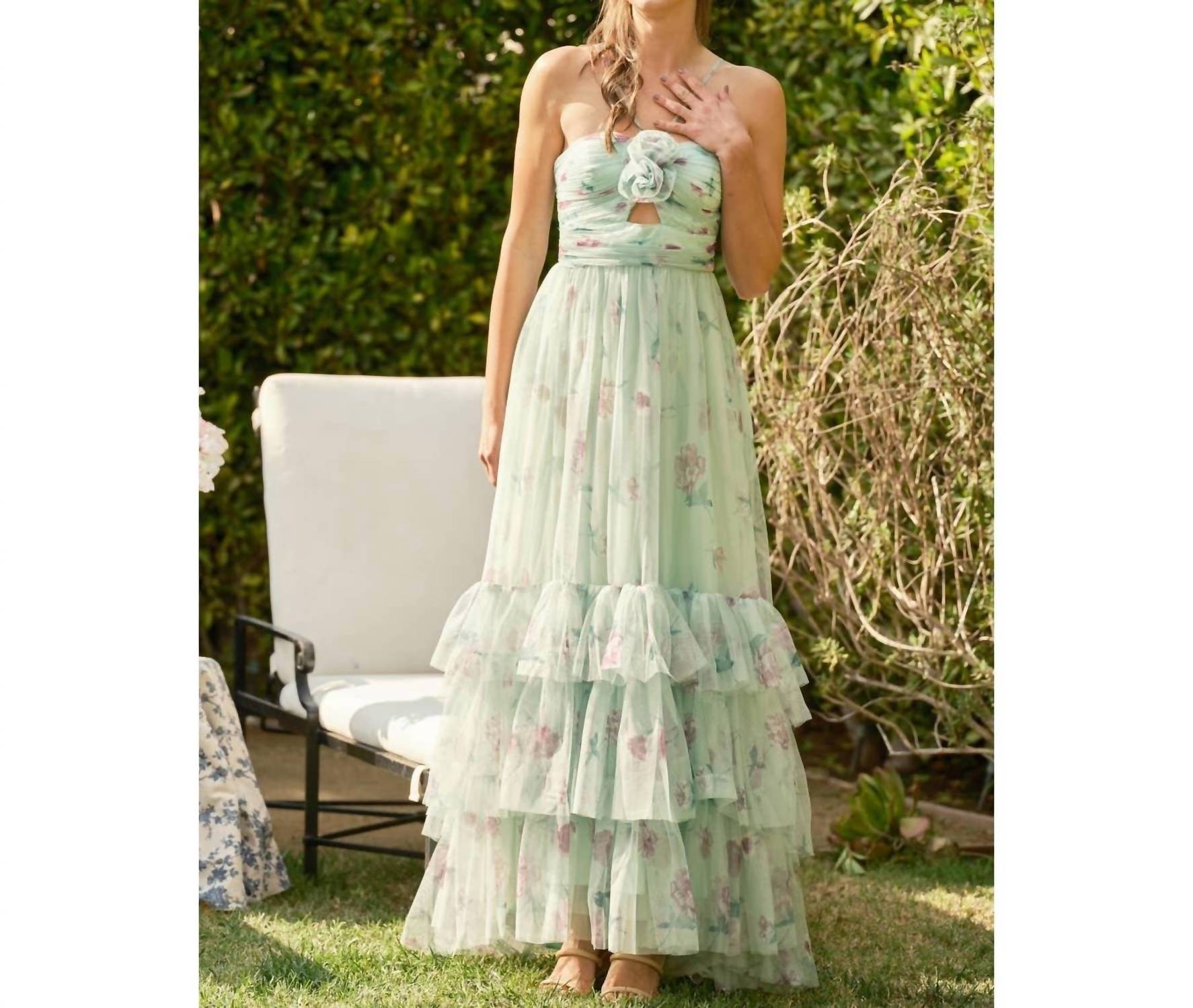 Ina Fashion - Rosette Detail Cut Out Tiered Maxi Dress