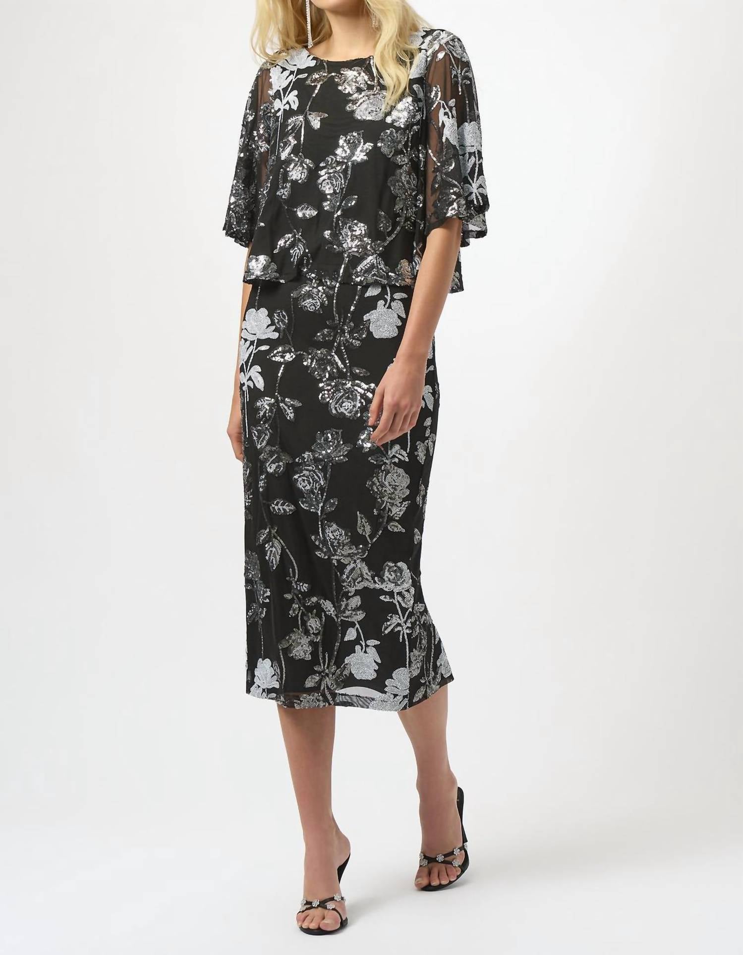 Joseph Ribkoff - Sequin Embroidered Floral Print Pencil Skirt