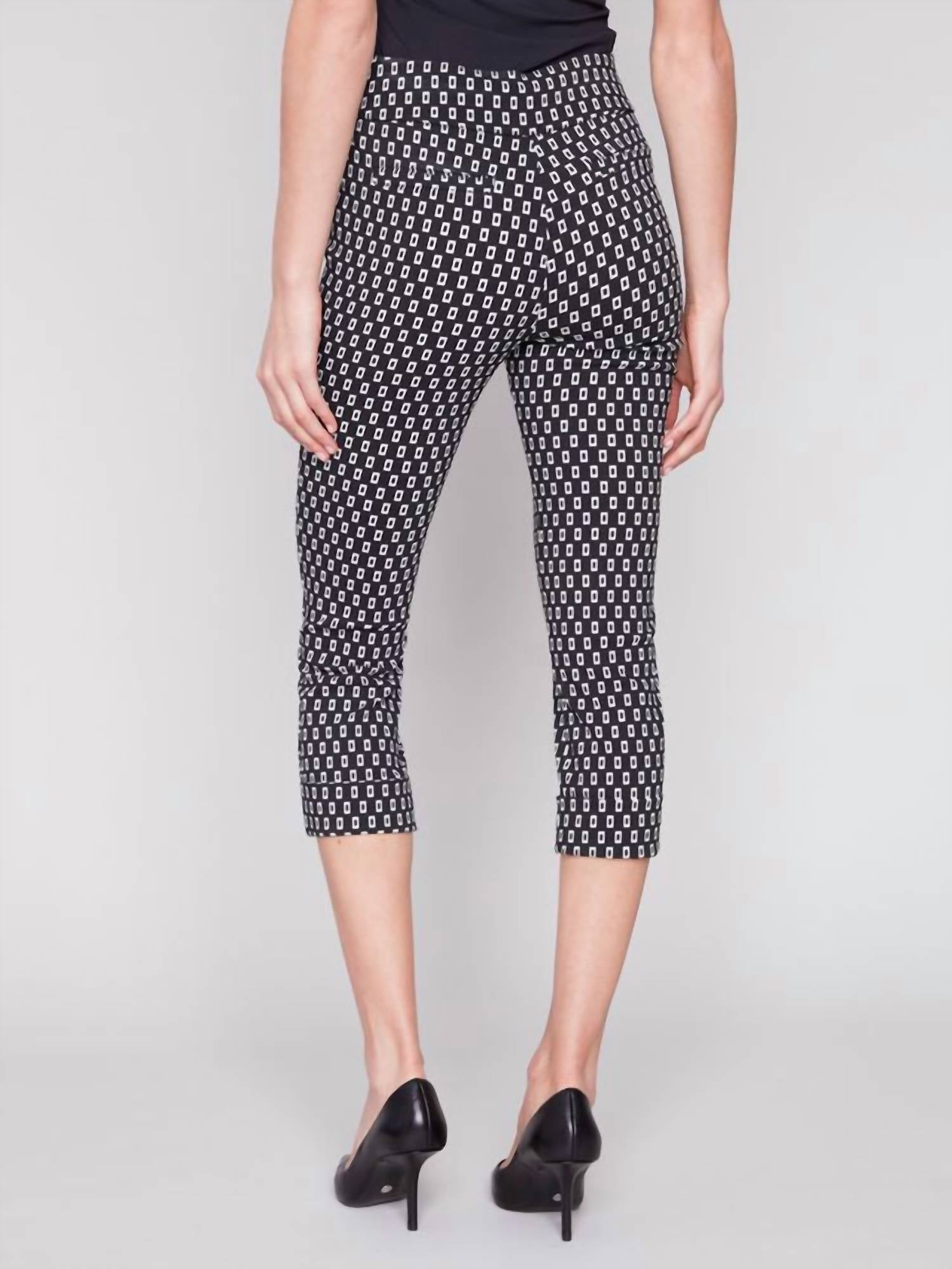 CHARLIE B Pull On Elastic Waist Crop Pants in black with white rectangles - women's pants - detail view