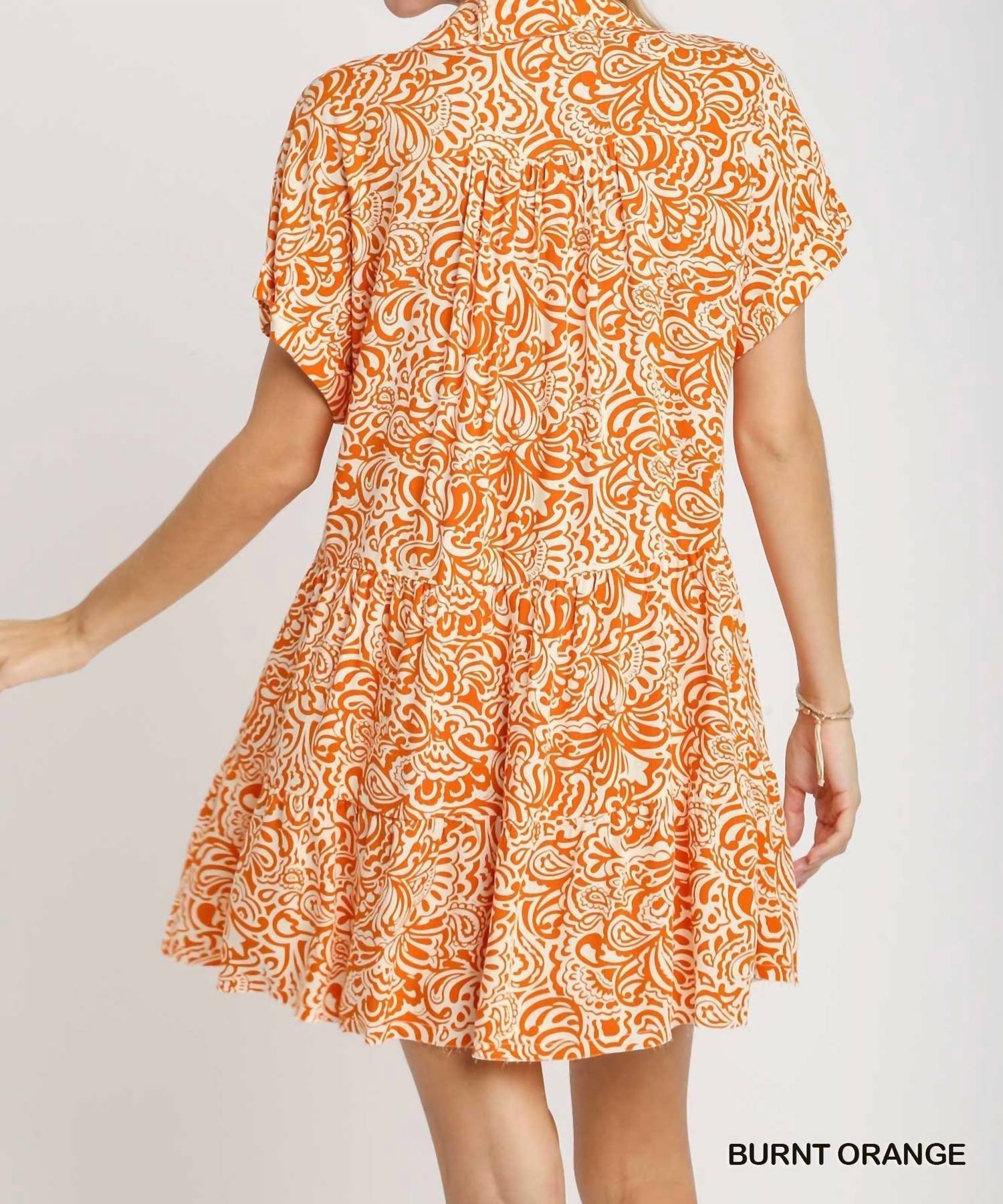 umgee Floral Paisley Mixed Print Tiered Dress in orange - women's dress - detail view