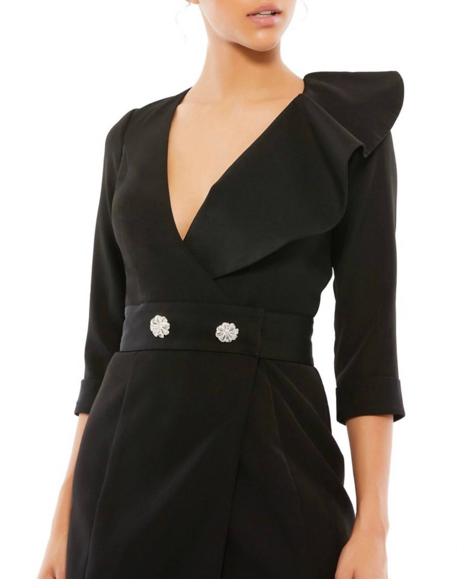 Mac Duggal - Ruffled Faux Tuxedo Blazer Style Mini Dress