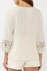 LOVESTITCH Women's Quarter Sleeve V Neck Top in natural brown - women's blouse - detail view