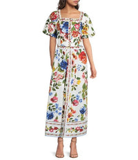 SKIES ARE BLUE Floral Border Puff Sleeve Crop Top in multi - women's shirt