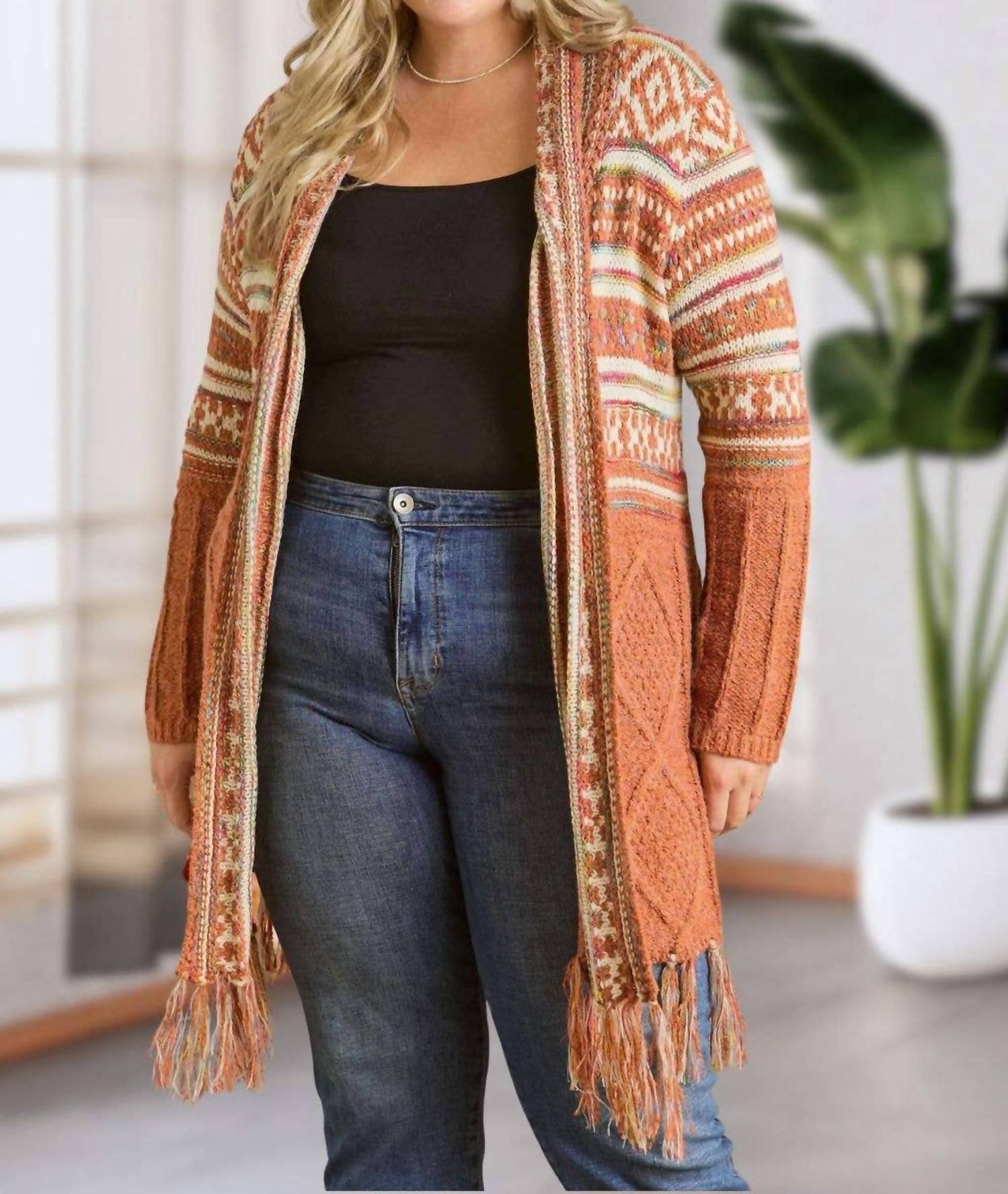 Adora - Maya Fringe Hem Aztec Cardigan -plus