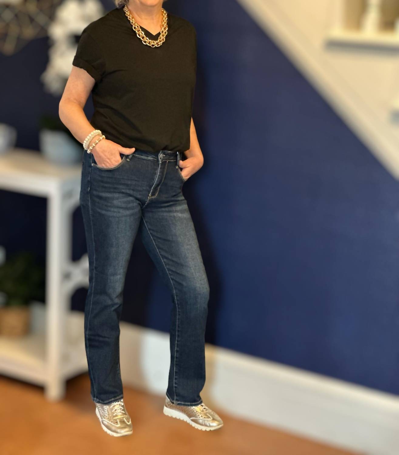 Amelia K. Luxe High Rise Slim Straight Jeans in dark rinse - women's jeans - alternate view