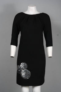 Theia - Elbow Sleeve Embellished Bottom Detail Wool Blend Dress